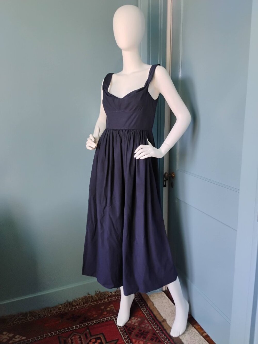 Rebecca Taylor Slub Sateen A-Line Midi Dress in Navy .